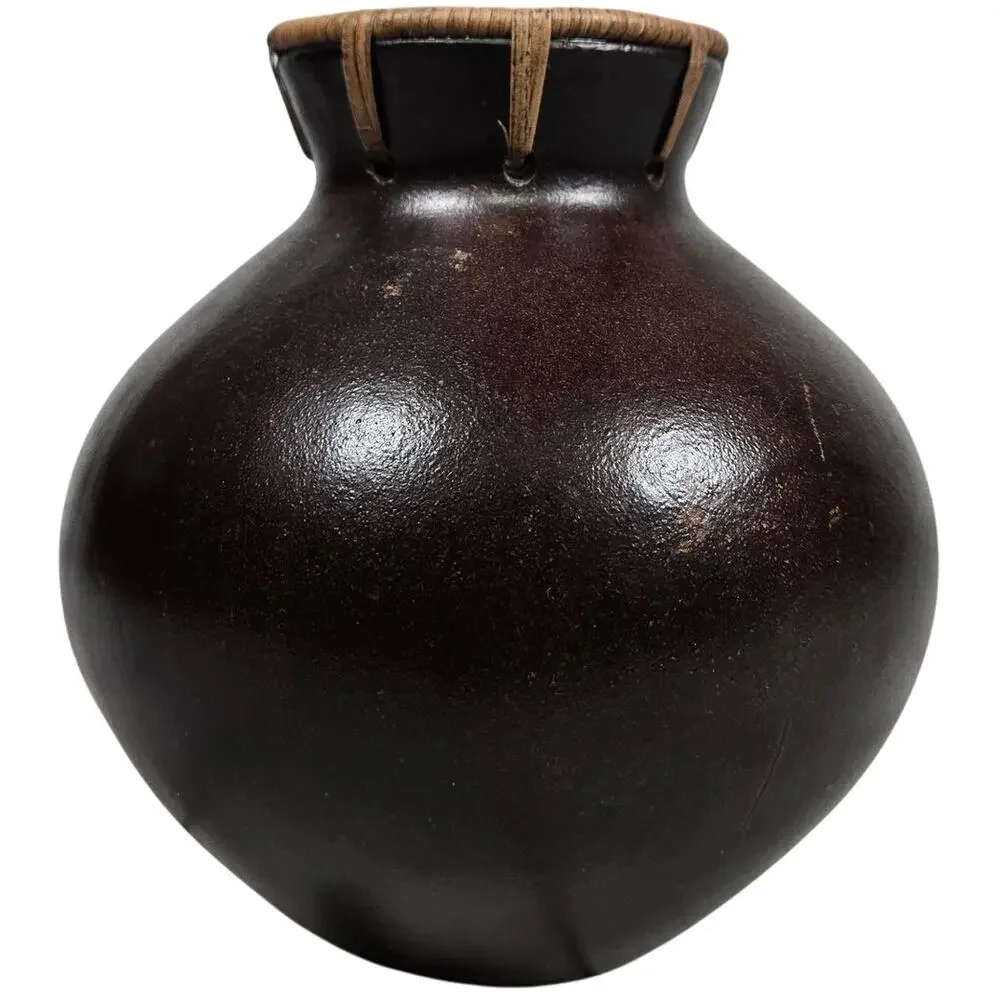 Vintage Dark Brown Gourd Vase‎ Decorative Rustic Woven Neck Accent - Picture 3 of 8